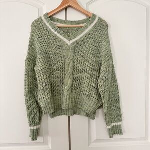 Green V-Neck Cable Knit Sweater